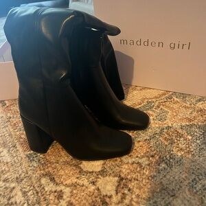 Madden Girl Black Heeled Boots with Chunky Block Heel